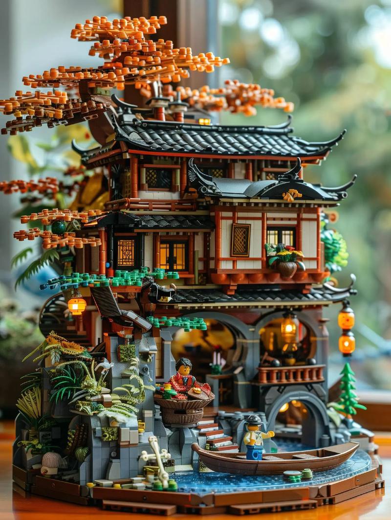 国产积木古风建筑醉花阴拼装成品