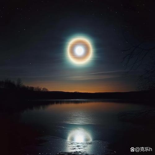 满月周围明亮的22度月晕光环