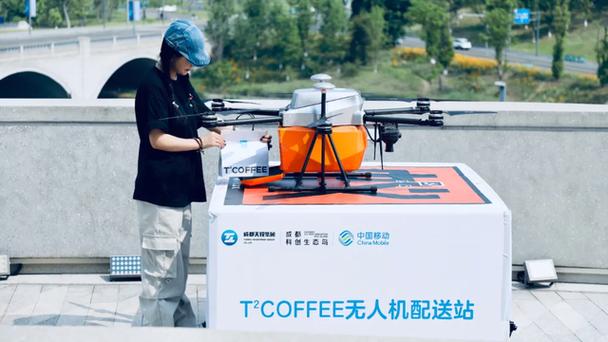 商圈上空无人机配送咖啡起飞现场