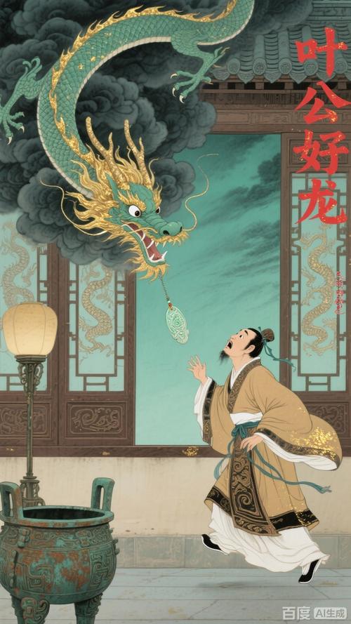中国水墨画 叶公好龙 真龙破窗而入 惊恐书生