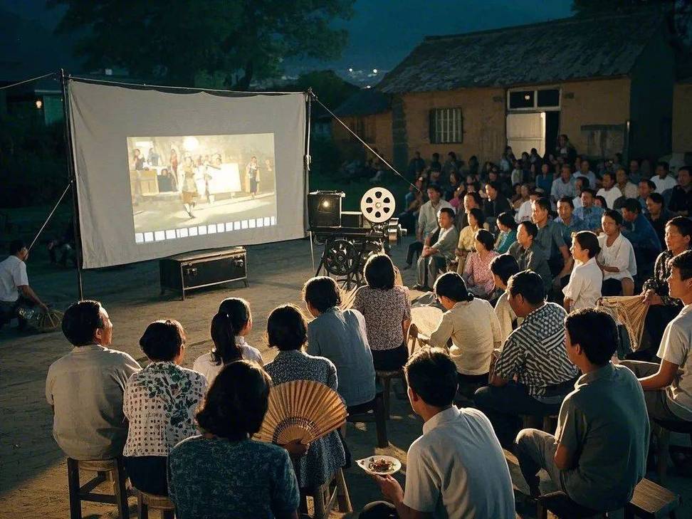 国营工厂露天电影放映旧场景照片