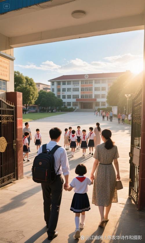 小学门口梧桐树下母子接娃场景
