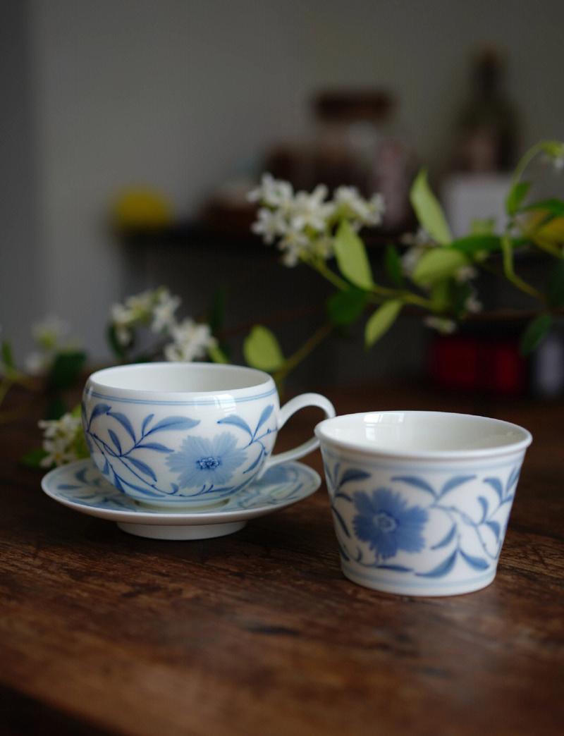 手工陶瓷杯原创青花猫咪缠枝纹样实拍
