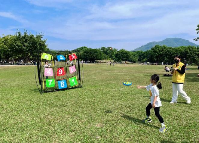 亲子在阳光草地上玩飞盘,替代电子设备