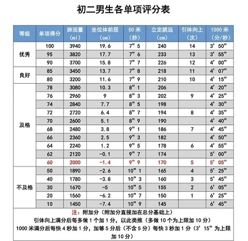 中学生体质健康测试单项成绩标准对照表