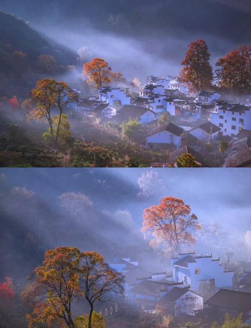 婺源石城晨雾红叶