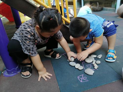 孩子在客厅地板分类摆放捡来的石头
