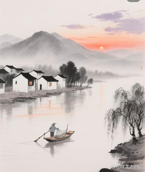 古代山水画中的江流渔舟场景