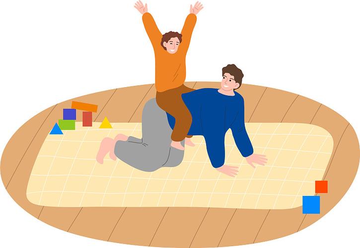 客厅里爸爸躺着孩子骑在背上玩骑马亲子游戏