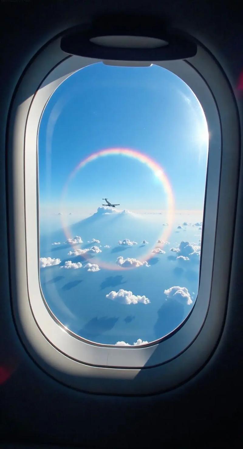 高空航拍环形彩虹飞机舷窗视角