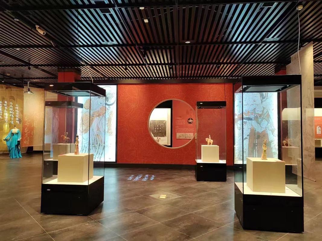 博物馆展厅观众隔着展柜观赏出土文物的实拍