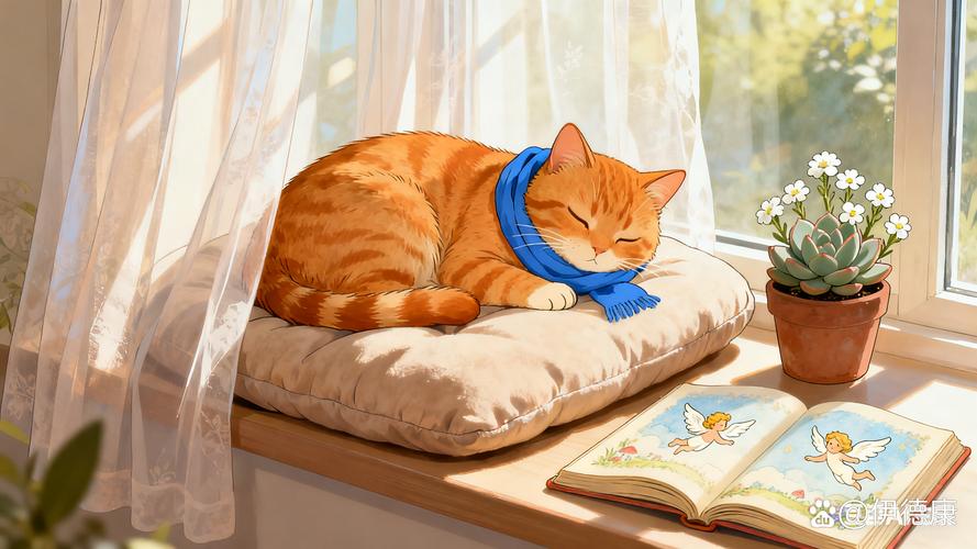 早晨阳光中,作家在书房窗边写作,猫咪趴在稿纸上,象征持续稳定的创作状态