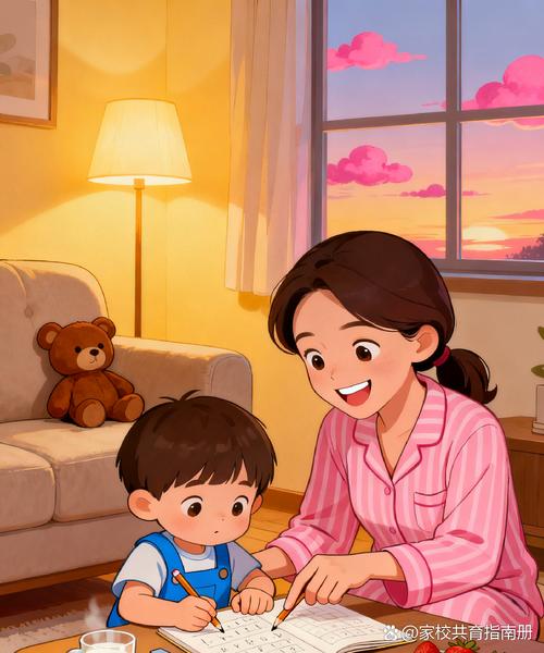 家长纠正孩子画错太阳的亲子互动场景