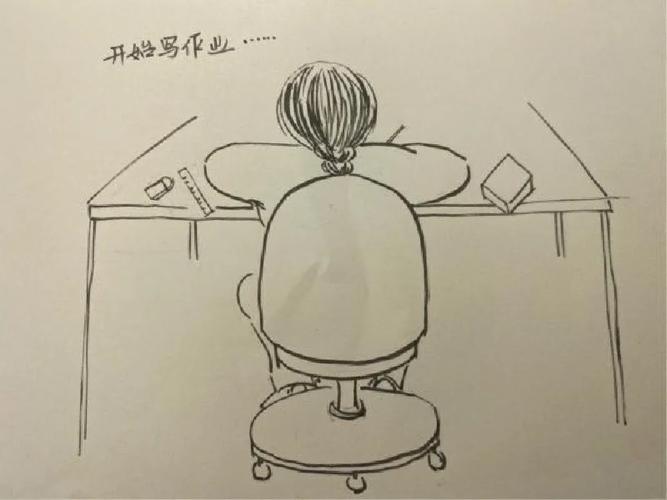 学生写作业被手机干扰的场景素描图