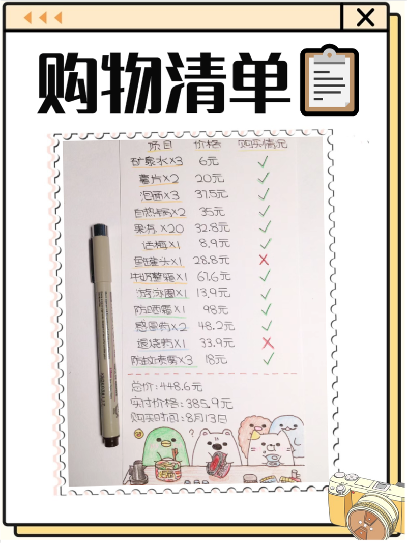 手写家庭购物出行清单