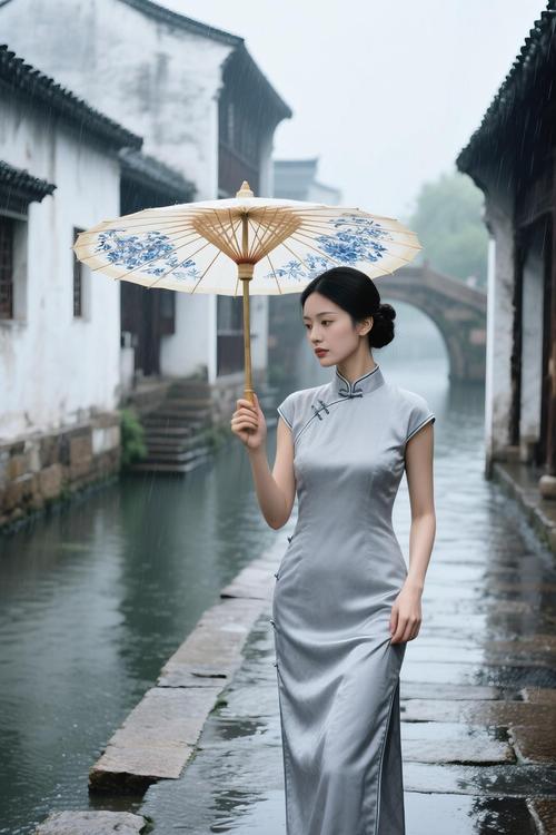 江南古镇细雨中的石板路与油纸伞场景