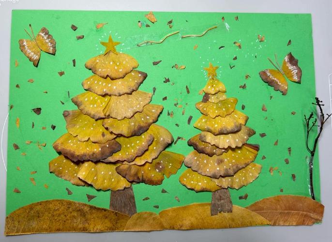 森林幼儿园孩子用落叶树枝制作的手工拼贴画