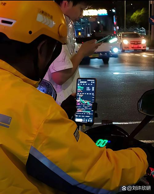城市夜晚外卖骑手在街头刷手机接单场景