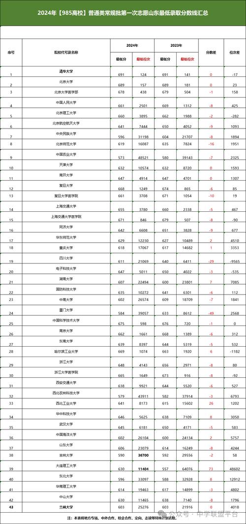 2024年山东985高校专项投档分数对比表