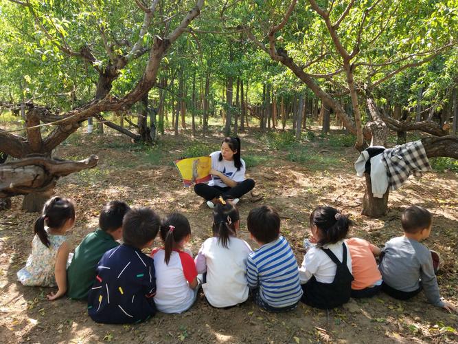 森林幼儿园孩子们围坐树下听老师讲故事场景