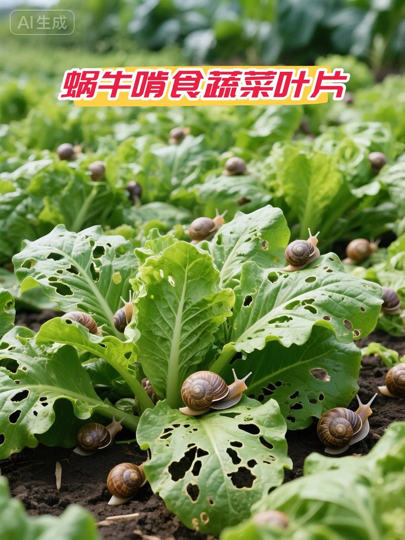 菜园生菜叶片上蜗牛啃食的洞眼特写