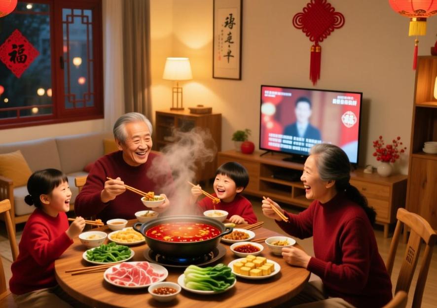 一家人围坐吃火锅聊天日常场景