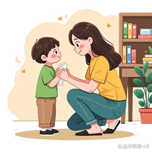 母亲蹲在小男孩面前道歉客厅温馨插画