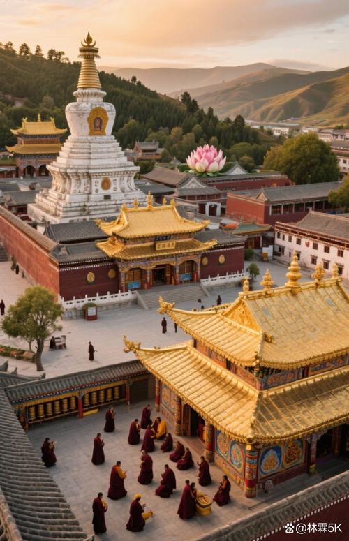 青海塔尔寺清晨大金瓦殿金顶山景