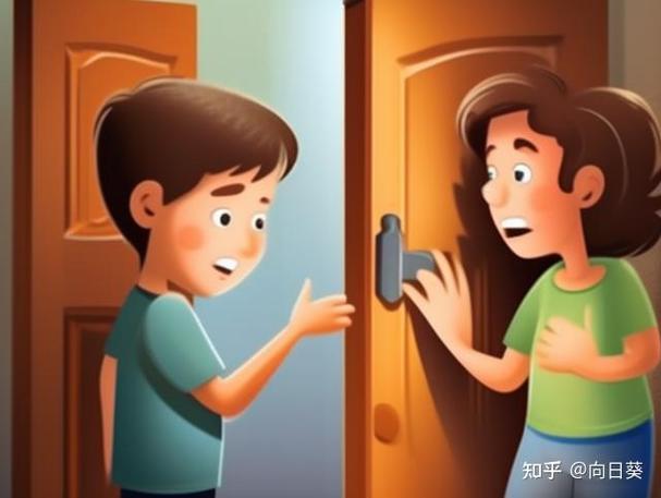 孩子房间关上门而父母站在门外犹豫的剪影