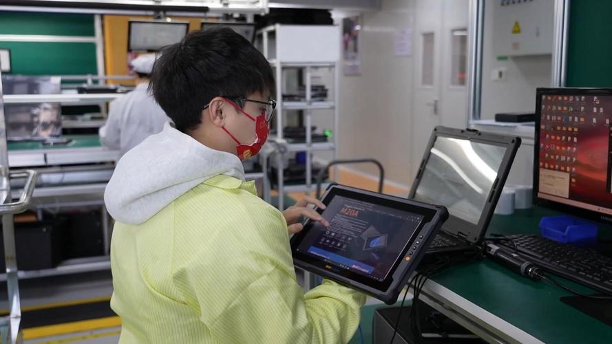 现代化智慧工厂生产线,工人用平板操作