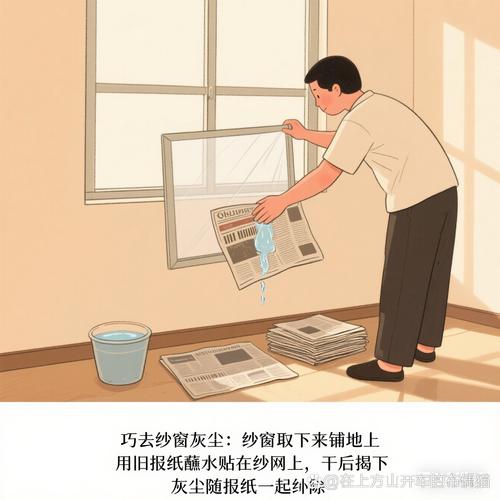 旧报纸铺在纱窗下接灰的居家日常场景