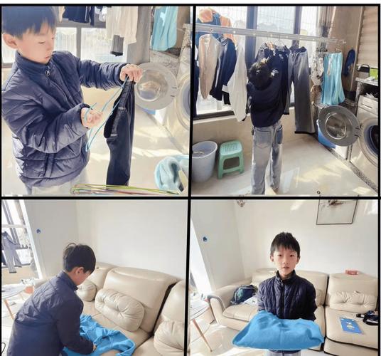 小学孩子主动帮爸爸收衣服家务实拍