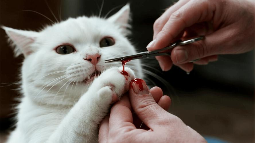 剪到猫指甲血线出血的爪部特写