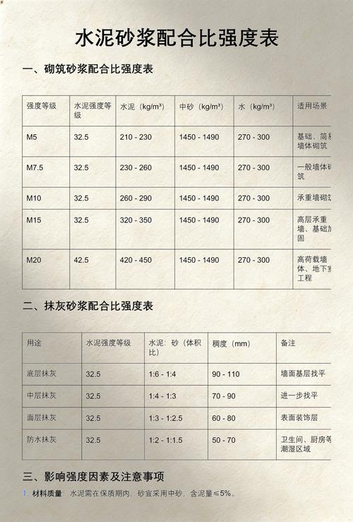 家装水泥砂浆配比参考表