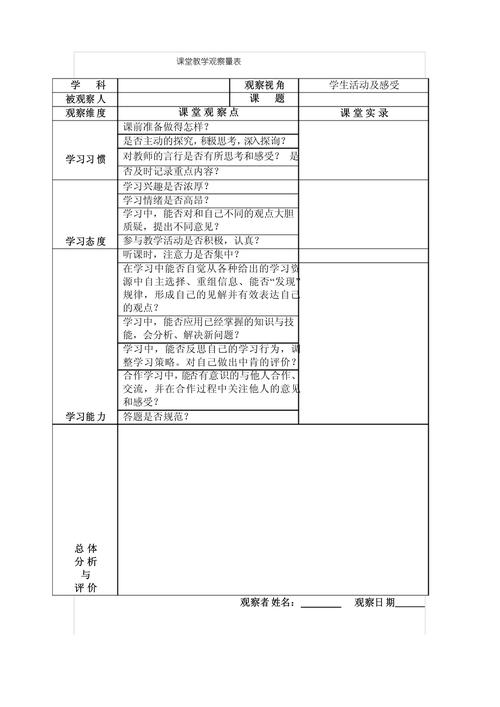 小学课堂学生专注状态观察记录表