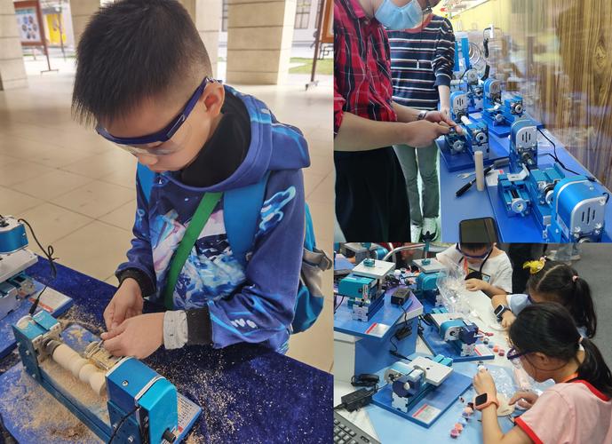 儿童在工业研学基地操作车床手工劳动