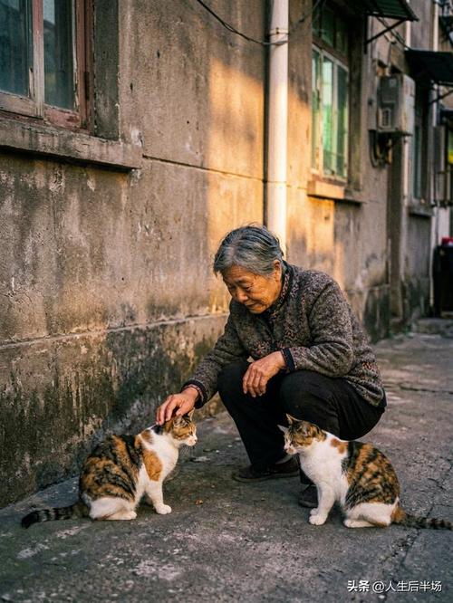 小区长椅上两位老人一起喂流浪猫聊天