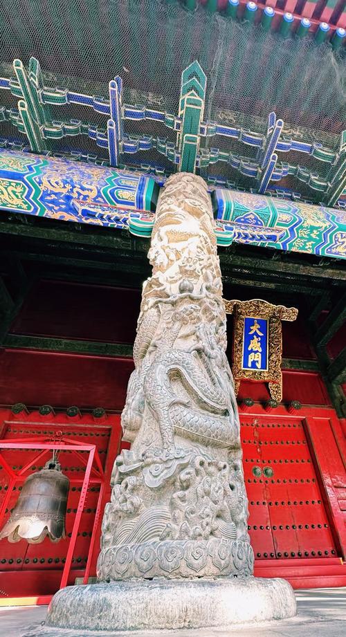 游客站在孔庙大成殿台阶上伸手触摸盘龙柱的现场场景