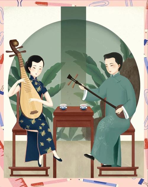 清代苏州山塘街茶肆评弹演出场景插画