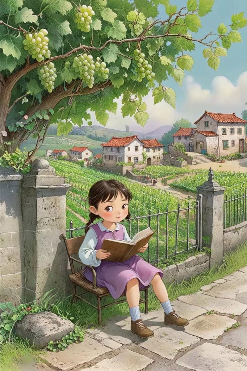 孩子趴在庭院葡萄架下读古诗词绘本