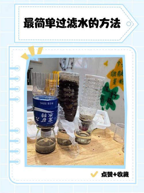 儿童用矿泉水瓶过滤河水测含沙量实验图