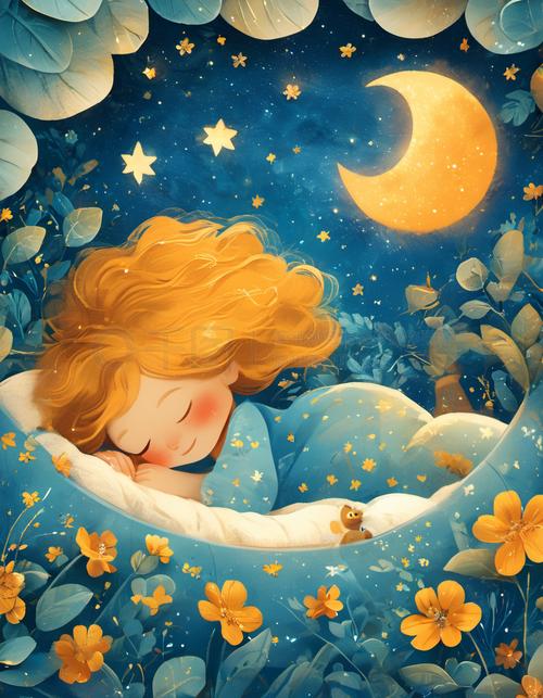 孩子躺在床上编星星月亮小故事插画