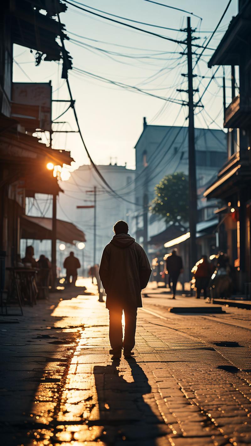 城市街道行人慢步行走背影图