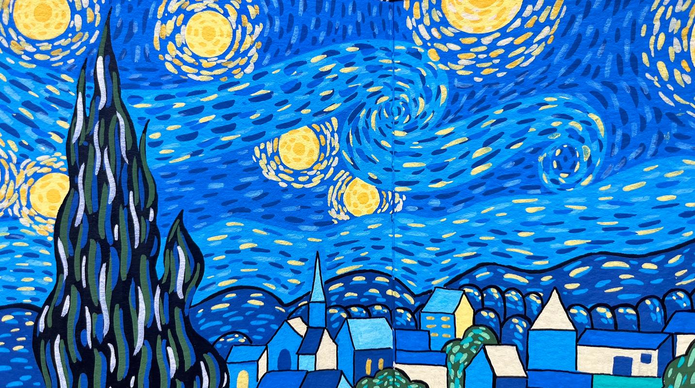 对比:梵高《星空》与AI生成的仿梵高风格画作