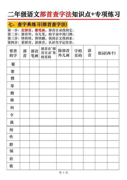 小学低年级语文部首查字法课堂作业纸