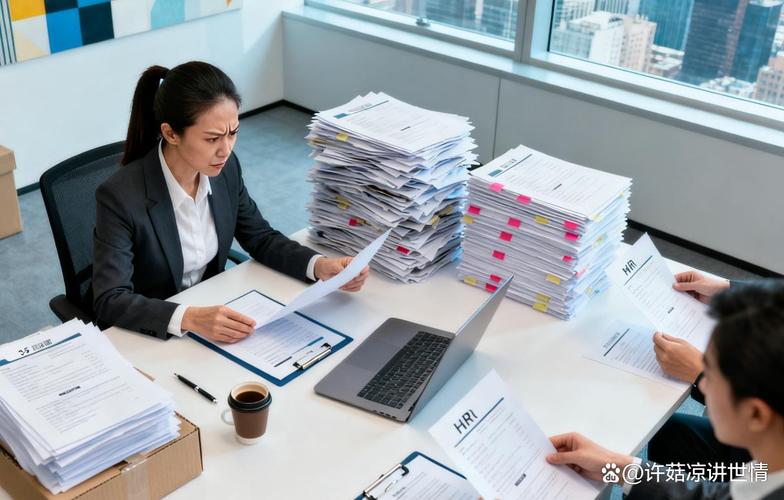 企业HR在会议室梳理待处理简历堆