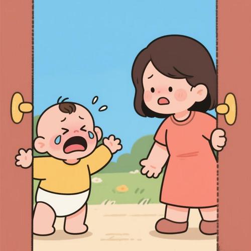宝宝紧抓妈妈衣角哭闹分离焦虑场景图