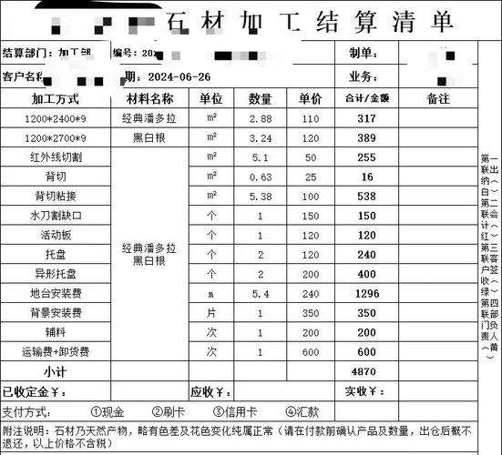 花岗岩台面加工费用明细手写单