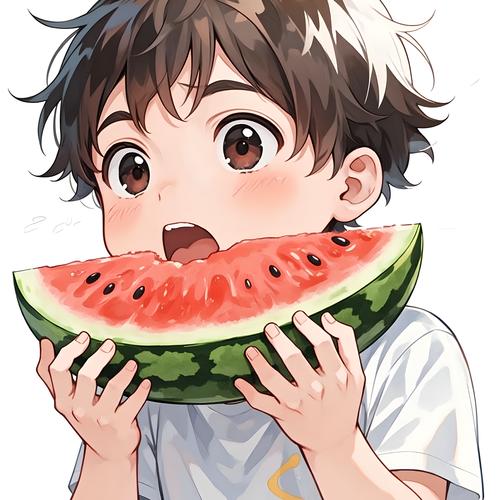 三岁小孩捧着半个西瓜舔嘴角的手绘插画