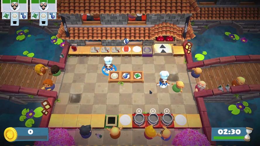 情侣坐在沙发上玩Switch《煮糊了2》混乱厨房画面